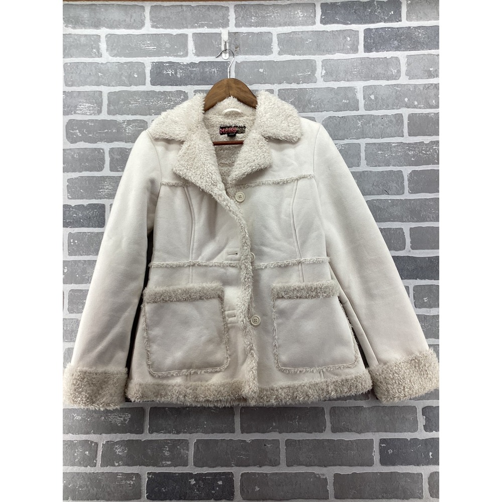 Mudd Womens Cream Faux Suede Sherpa Lined Jacket Y2k Faux Fur Trim Coat Small